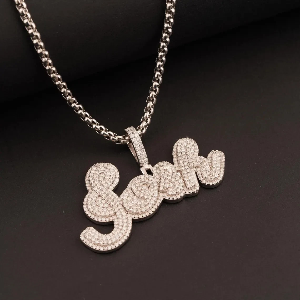 5 Ct Round Cut Simulated Diamond Custom Bling Name Pendant 14k White Gold Plated