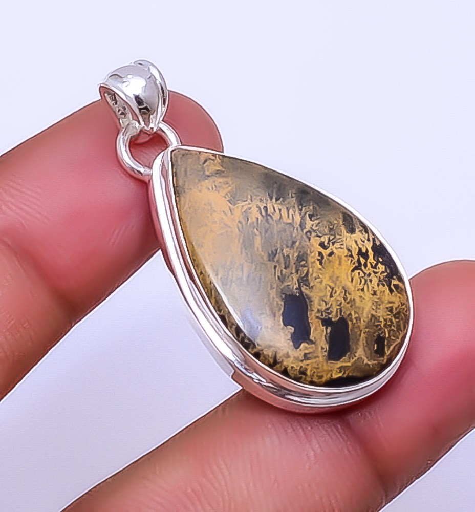 Honey Dendritic Opal – Mexico Gemstone 925 Sterling Silver Pendant 1.72″ P8