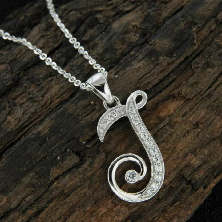 0.34Ct Round CuDiamond Initial Letter-J Pendant 14K White Gold Finish Free Chain
