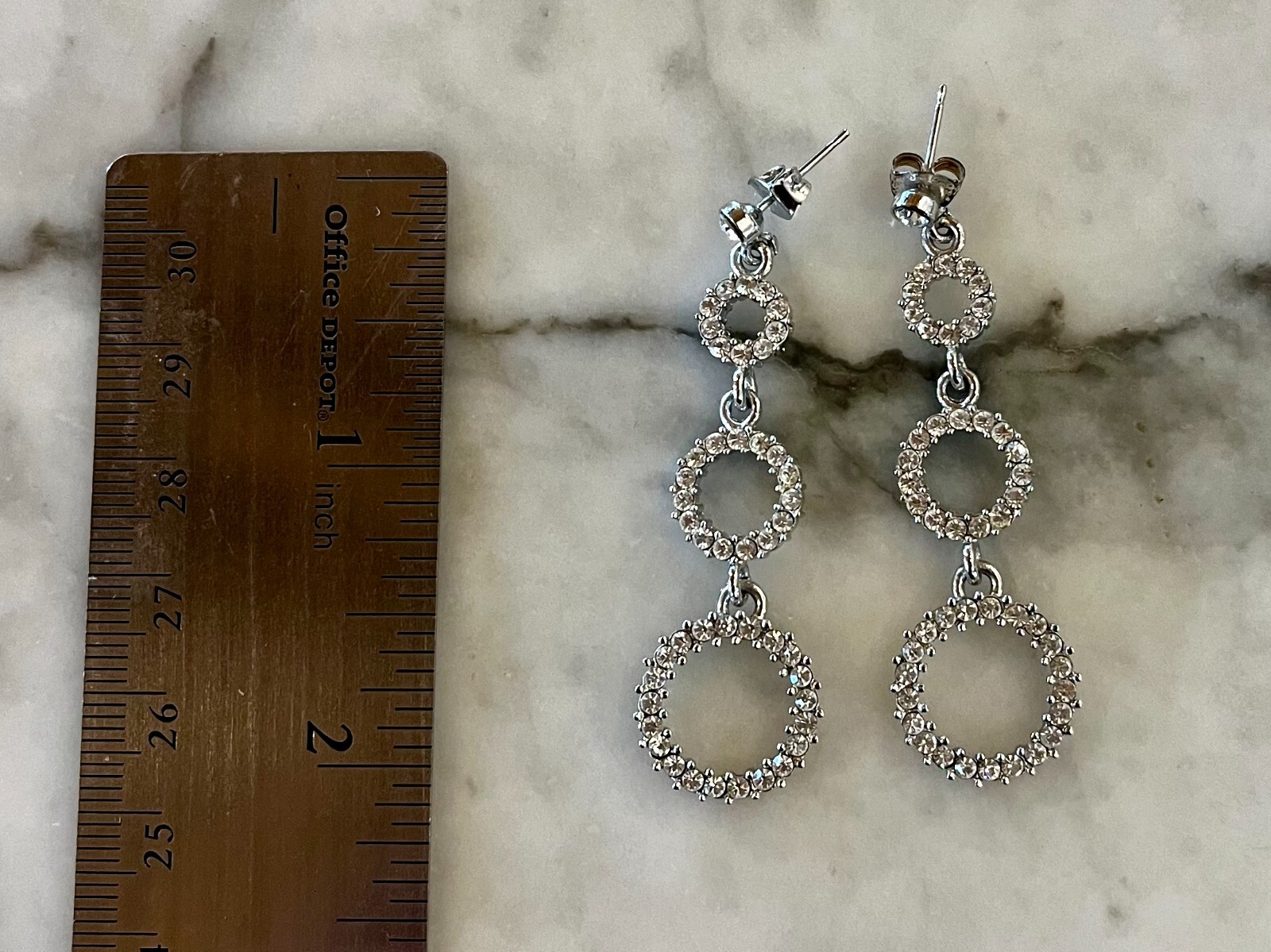 Clear Rhinestone Dangle 3 Circle Dangle Drop Earrings, 2 inches long: Pre-Owned