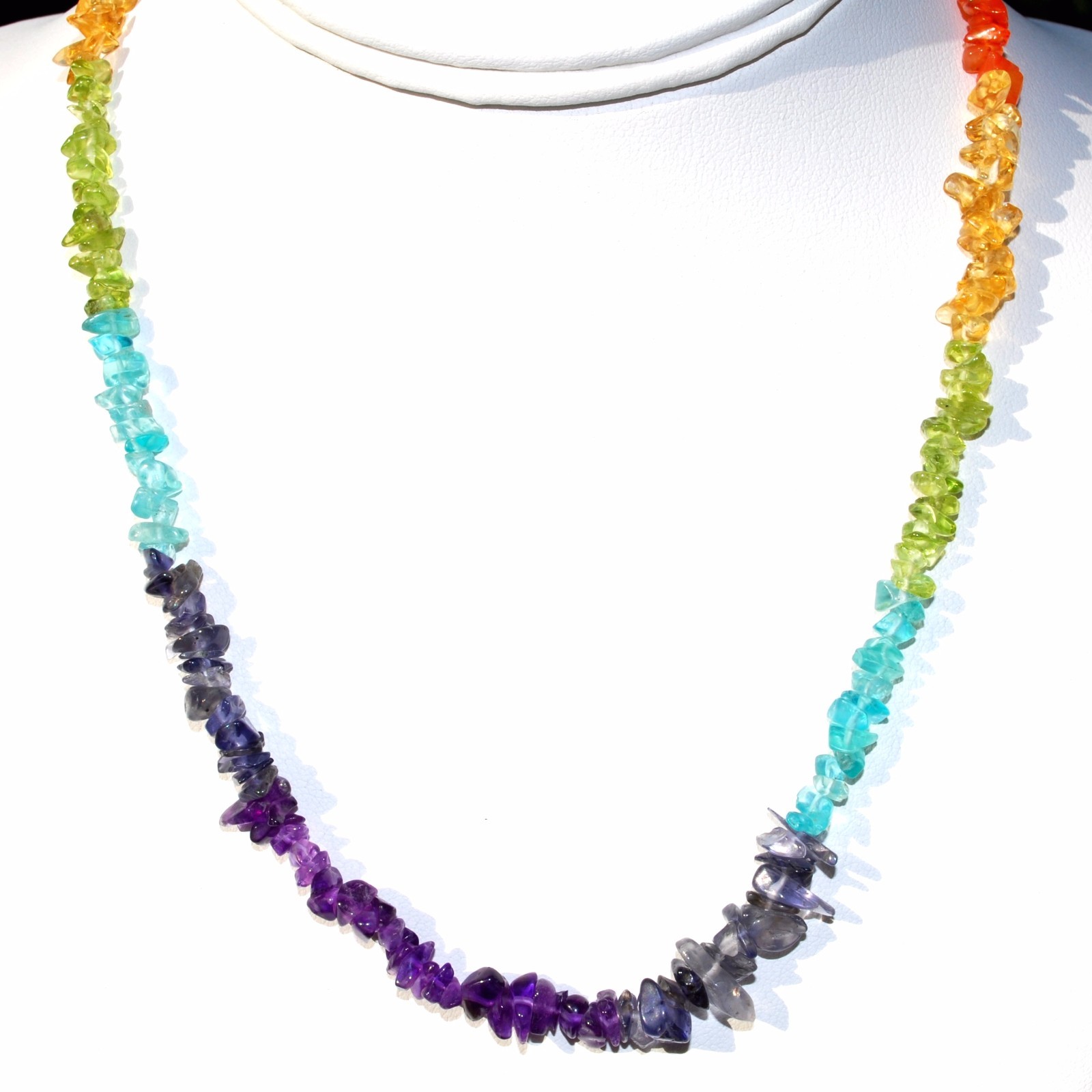 CHARGED 7 Chakra Premium Crystal Chip 18″ Necklace + Baby Selenite Puffy Heart