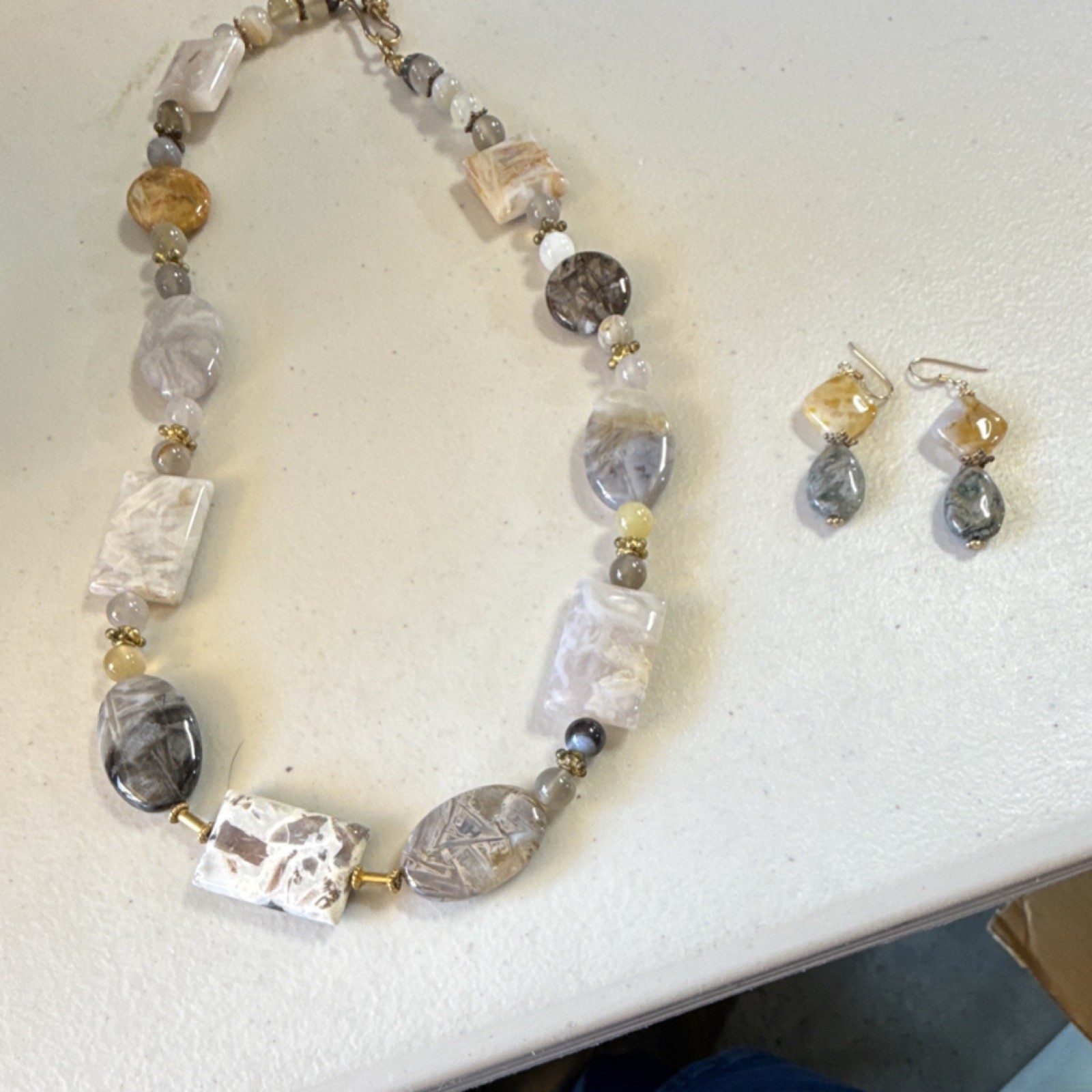 Gray Yellow White Stone Jewelry Set Oval Round Teardrop Necklace Earrings