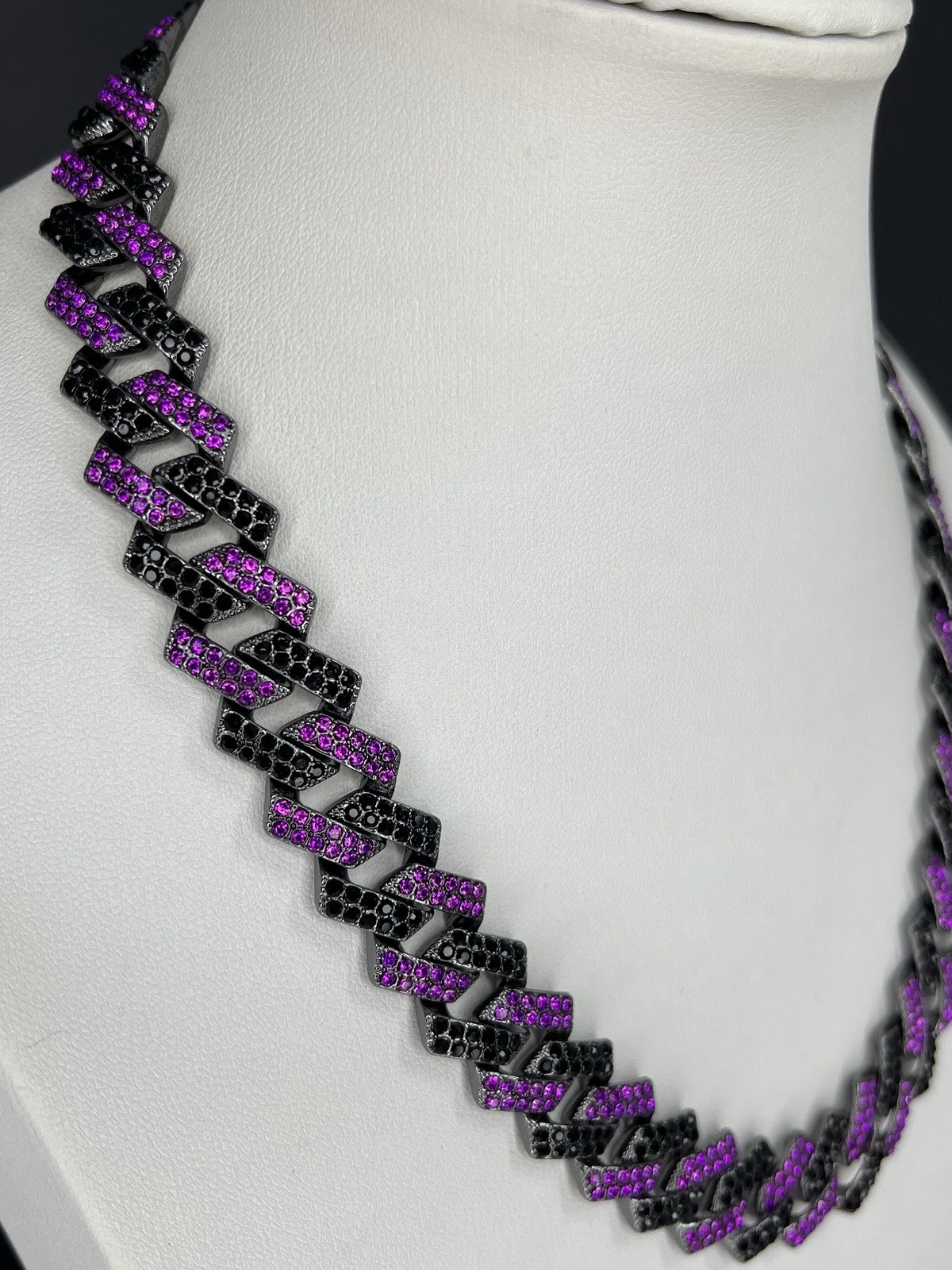 Flat Cuban Link Chain Necklace Black Purple Pave Crystal Gunmetal Wide Choker
