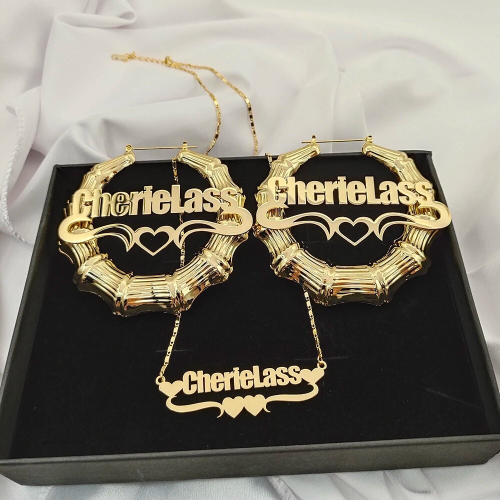 Custom Name Necklace Bamboo Hoop Earring Personalized Customized Jewelry Set