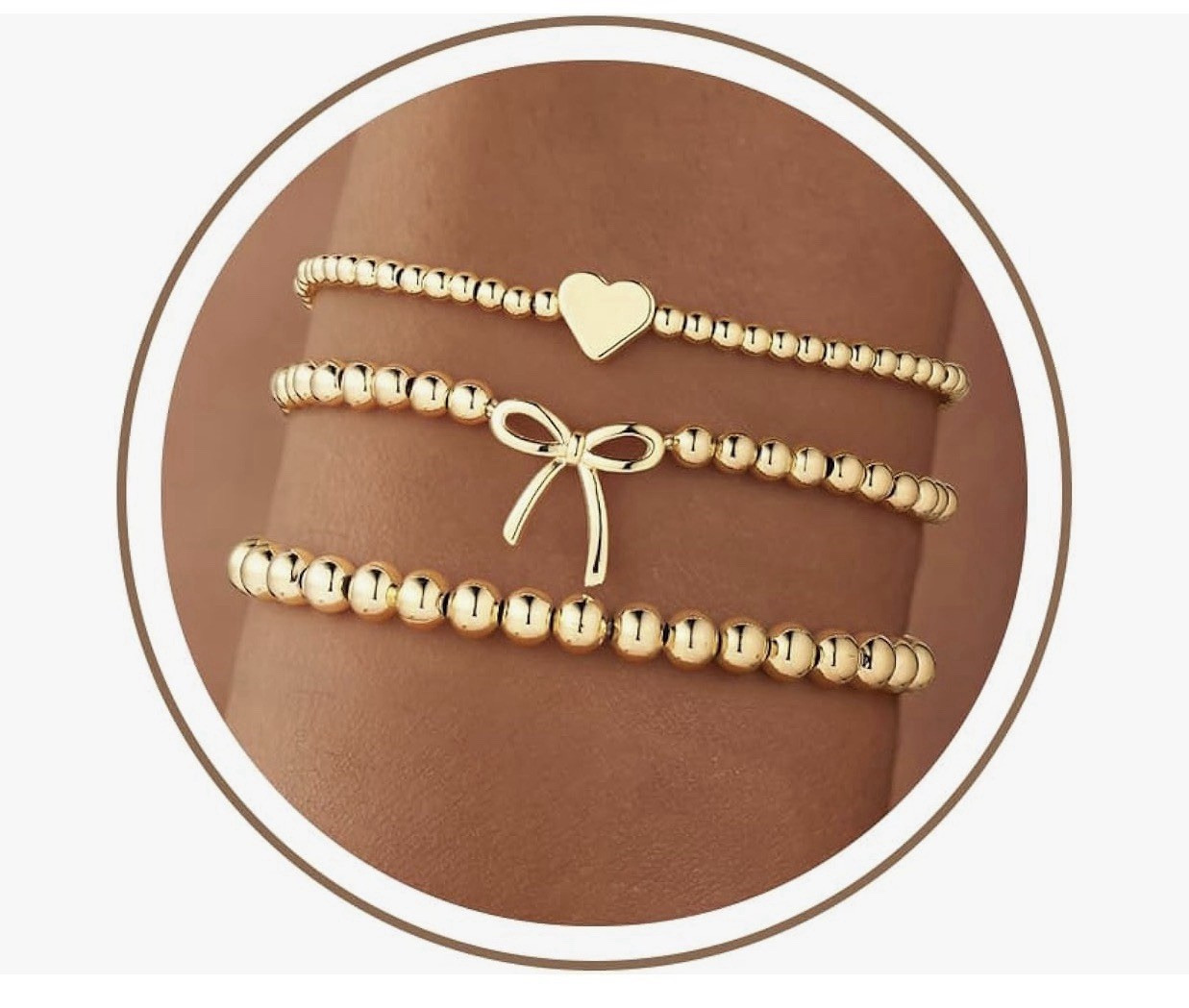 TURANDOSS 14K Gold Plated Stretch Beaded Heart Charm Bracelet 7 in Gold