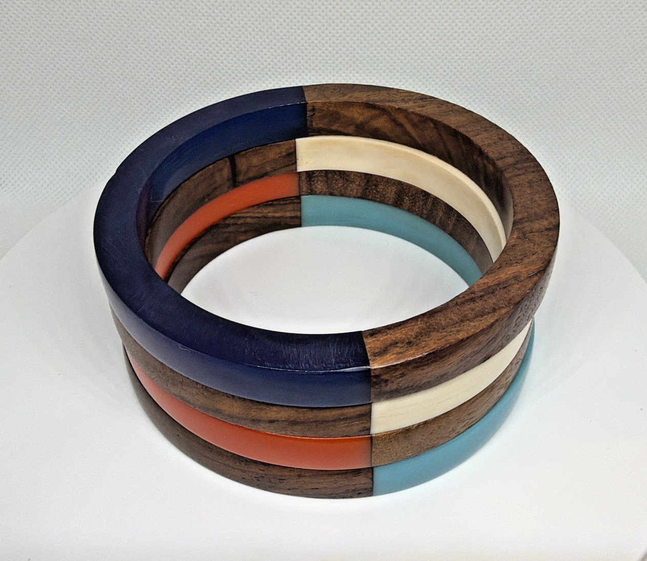 Mod Retro Wood & Resin Bangle Bracelets Stackable Mid-Century Style Set of 4