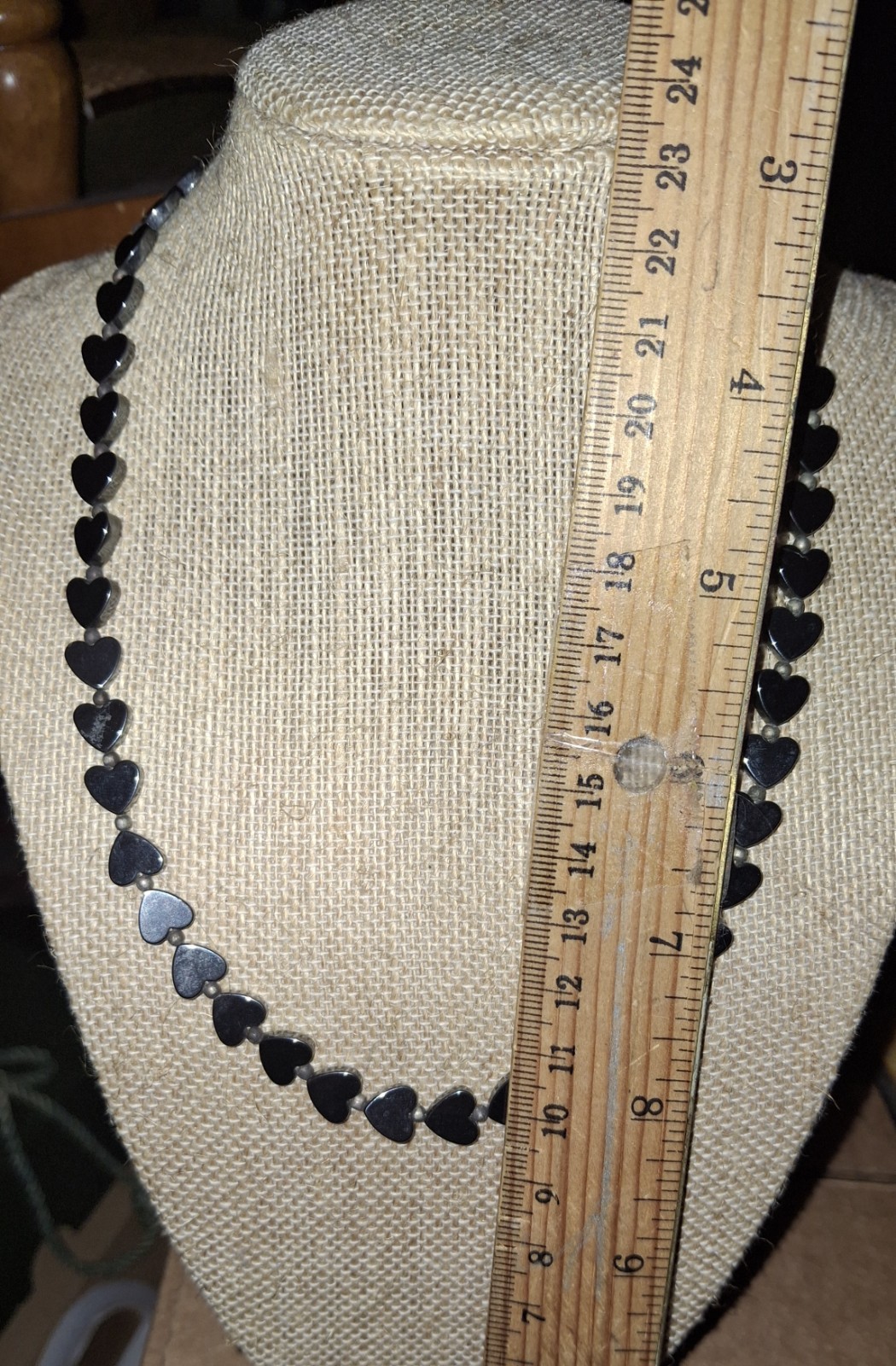 Heart Shaped Hematite Gemstone Bead Necklace Vtg FishHook Clasp