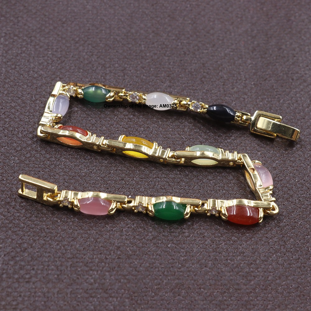 Gold Plated Alloy 4mm Heated Oval Multicolor Jade Women’s Bracelet 7.1inch