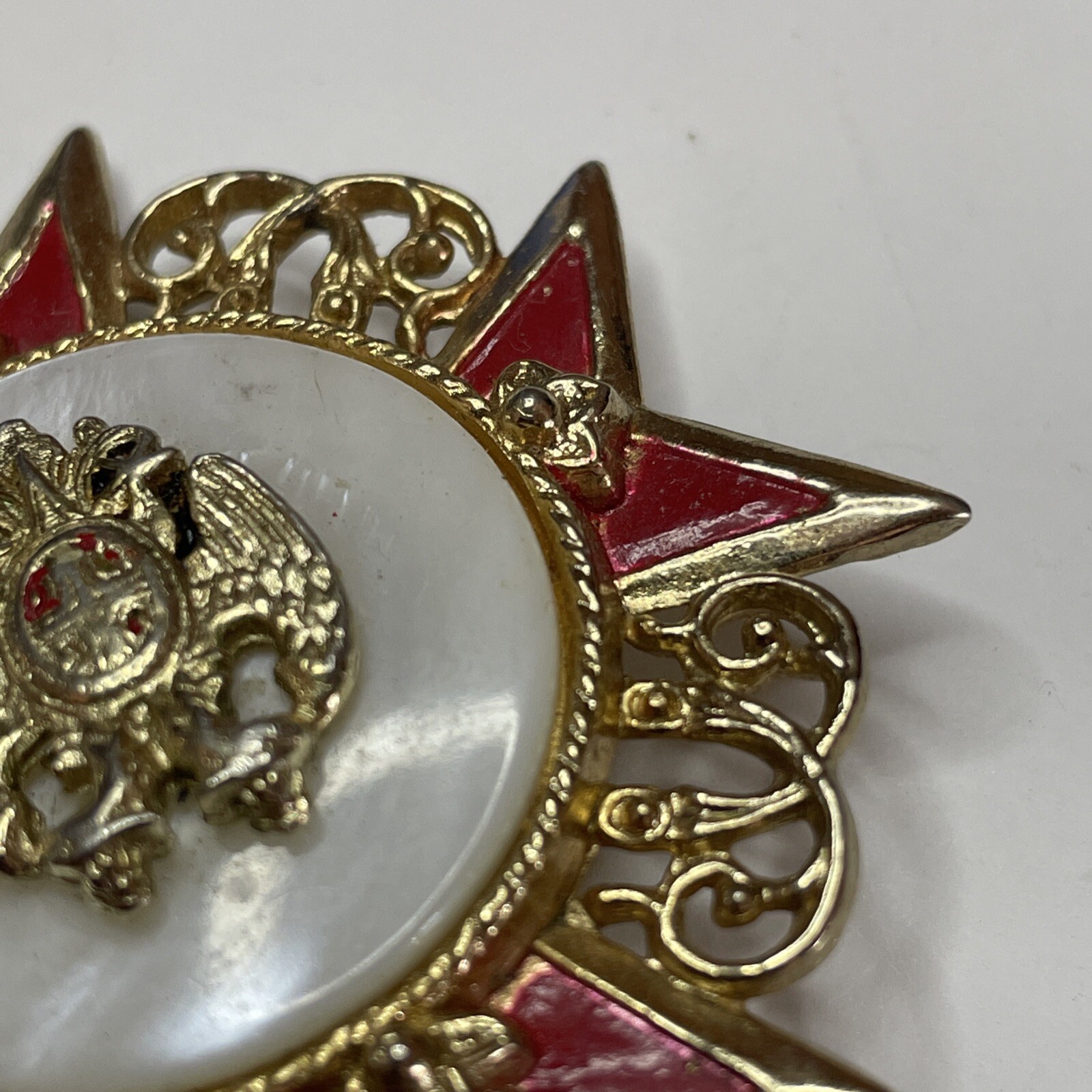 Coro Brooch Pin Mother of Pearl Double Eagle Crest Signed Vintage Army