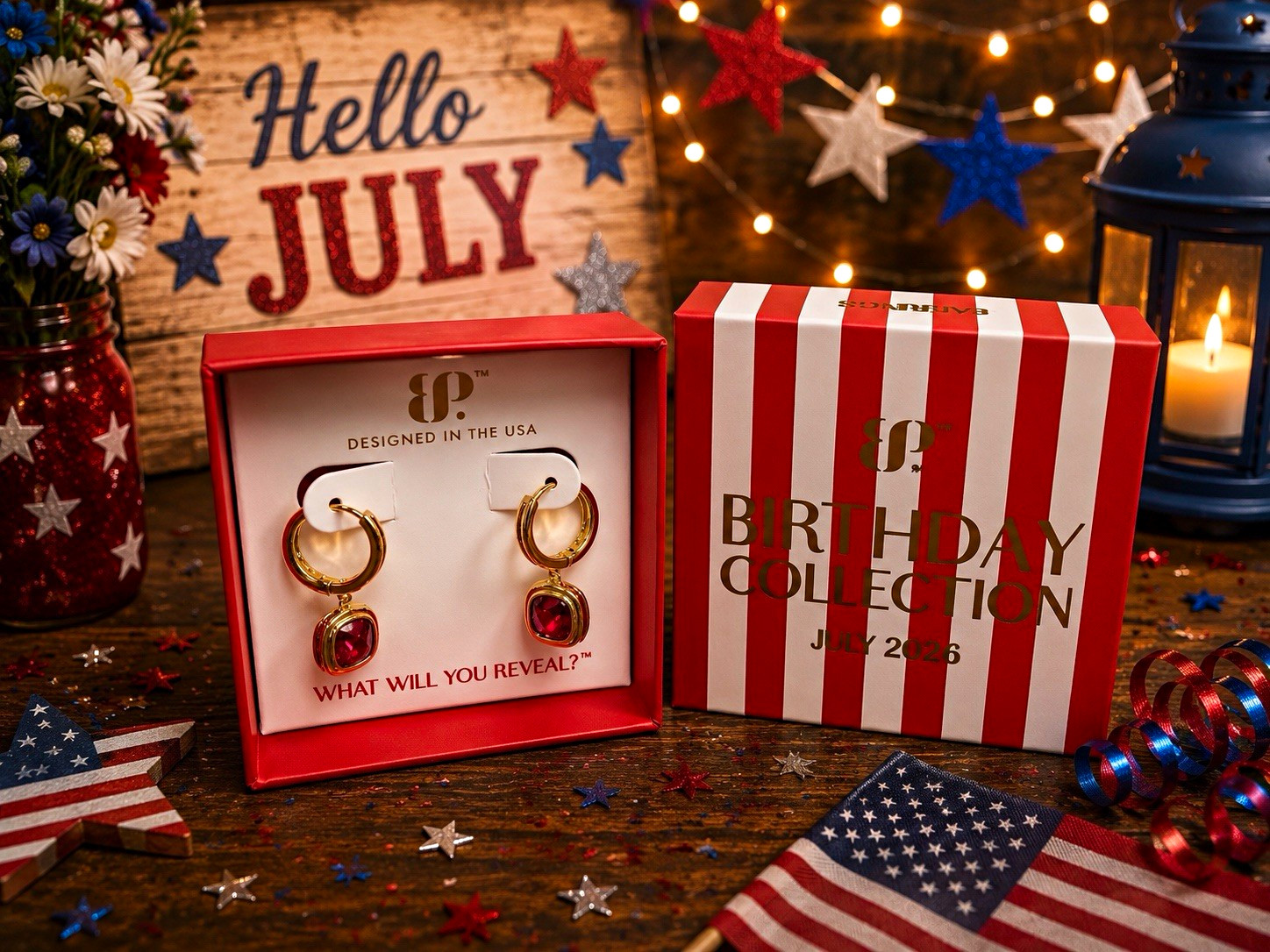 BP Birthday Collection Gold Tone Hoop Dangle Earrings Red Round Bezel Stone