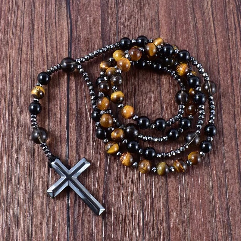 Tiger’s Eye Onyx Beaded Catholic Christ Hematite Cross Pendant Necklace for Men#