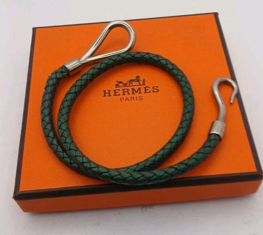Hermès Jumbo Bracelet Green Braided Leather Palladium Plated Boxed *Please Read*
