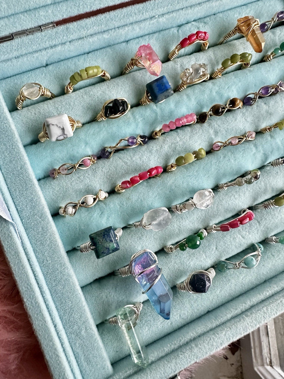 42 piece Bulk Copper Wire Gemstone Ring Lot (24 gold coated and 18 silver)