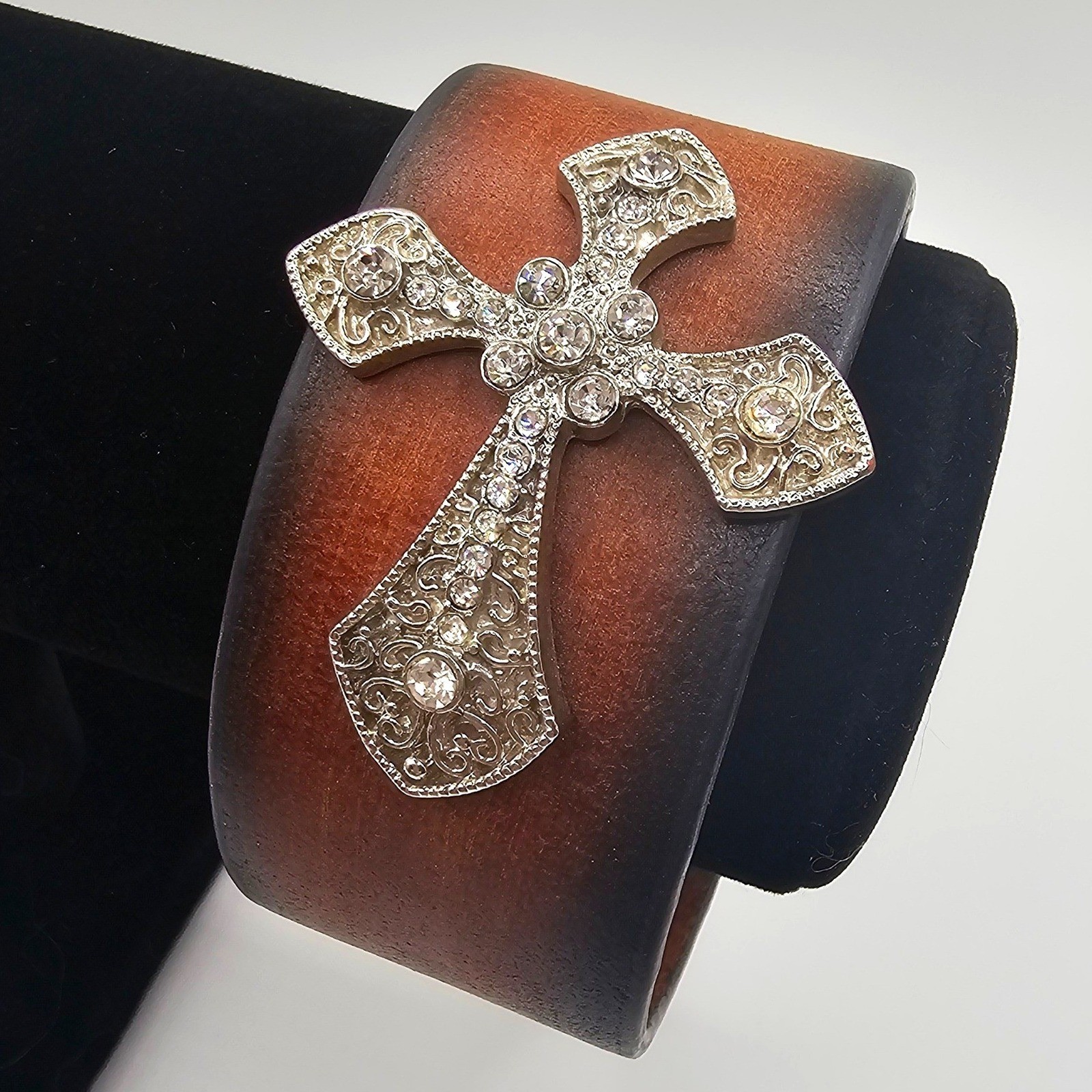 Brown Genuine Leather Cross Cuff Bracelet Rhinestone Western Y2K Statement Faith