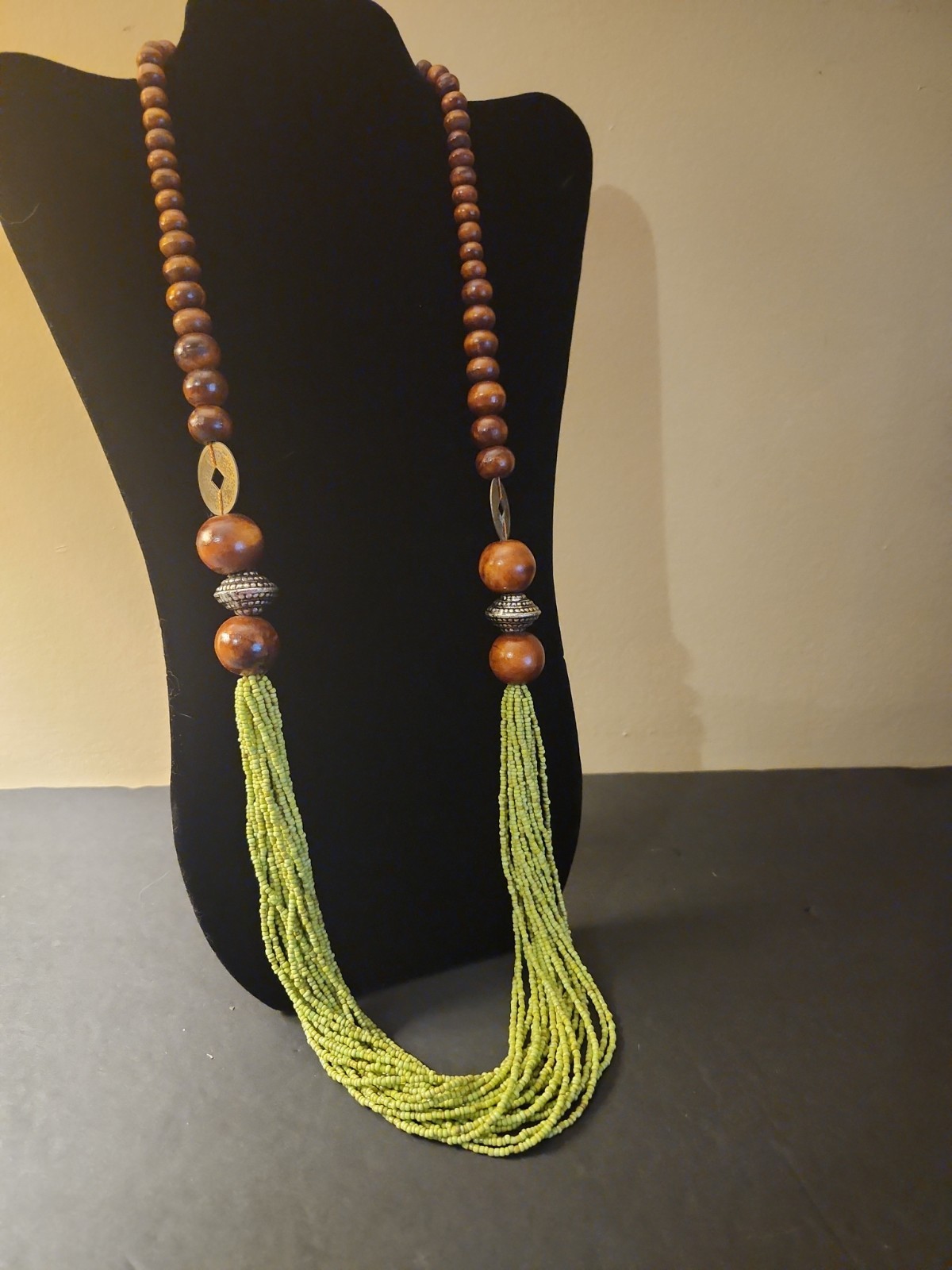 Beaded Long Necklace Statement Green Wood Red Beach Cruise Summer Party