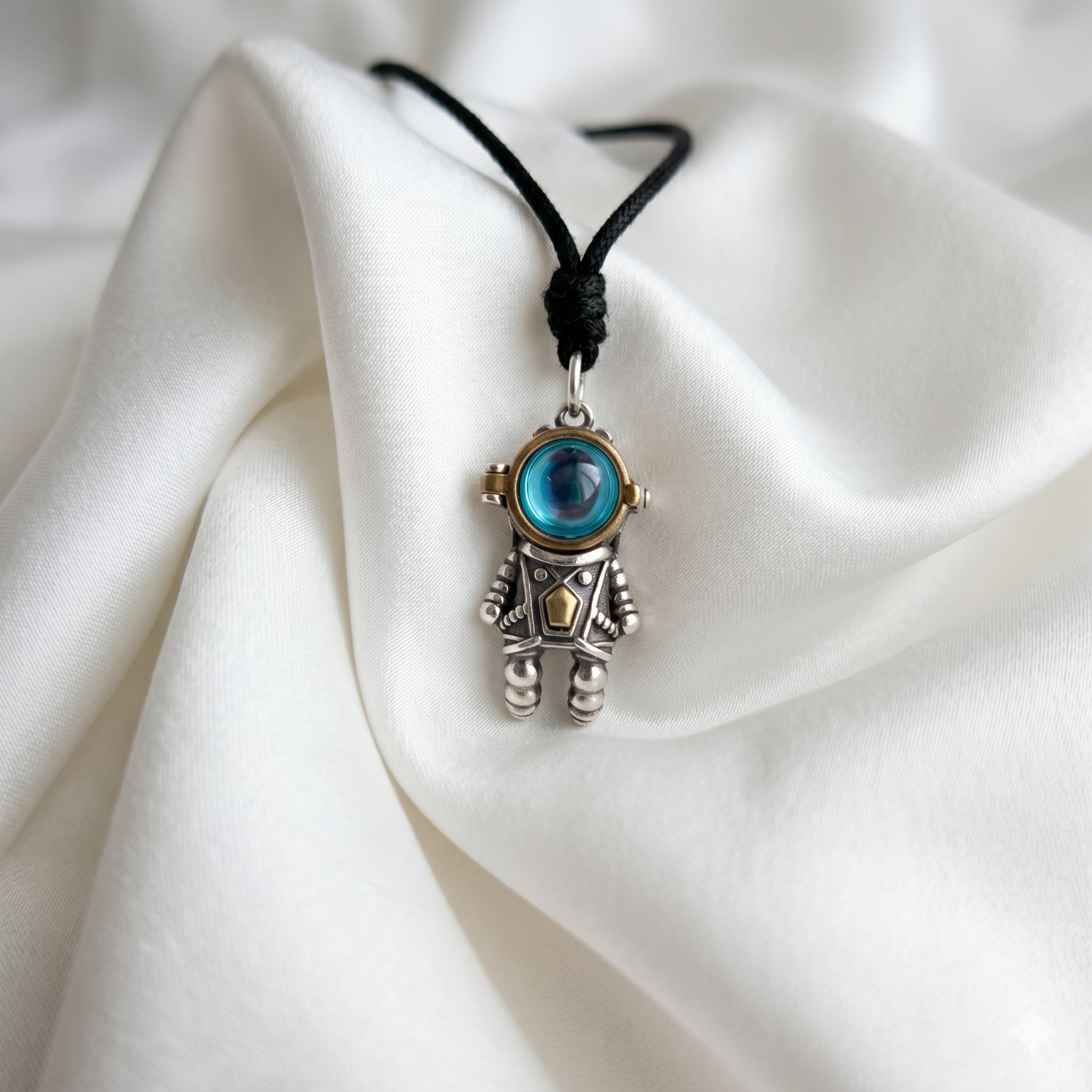 Cute Vintage Astronaut Pendant Sterling Silver Brass Charm Pendant Necklace