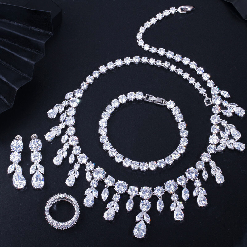 CZ Dangle Drop Cubic Zirconia Necklace Earrings Bracelet Ring Bridal Jewelry Set