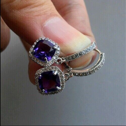 4Ct Cushion Cut Simulated Amethyst Drop/Dangle Earrings In 14K White Gold Plated