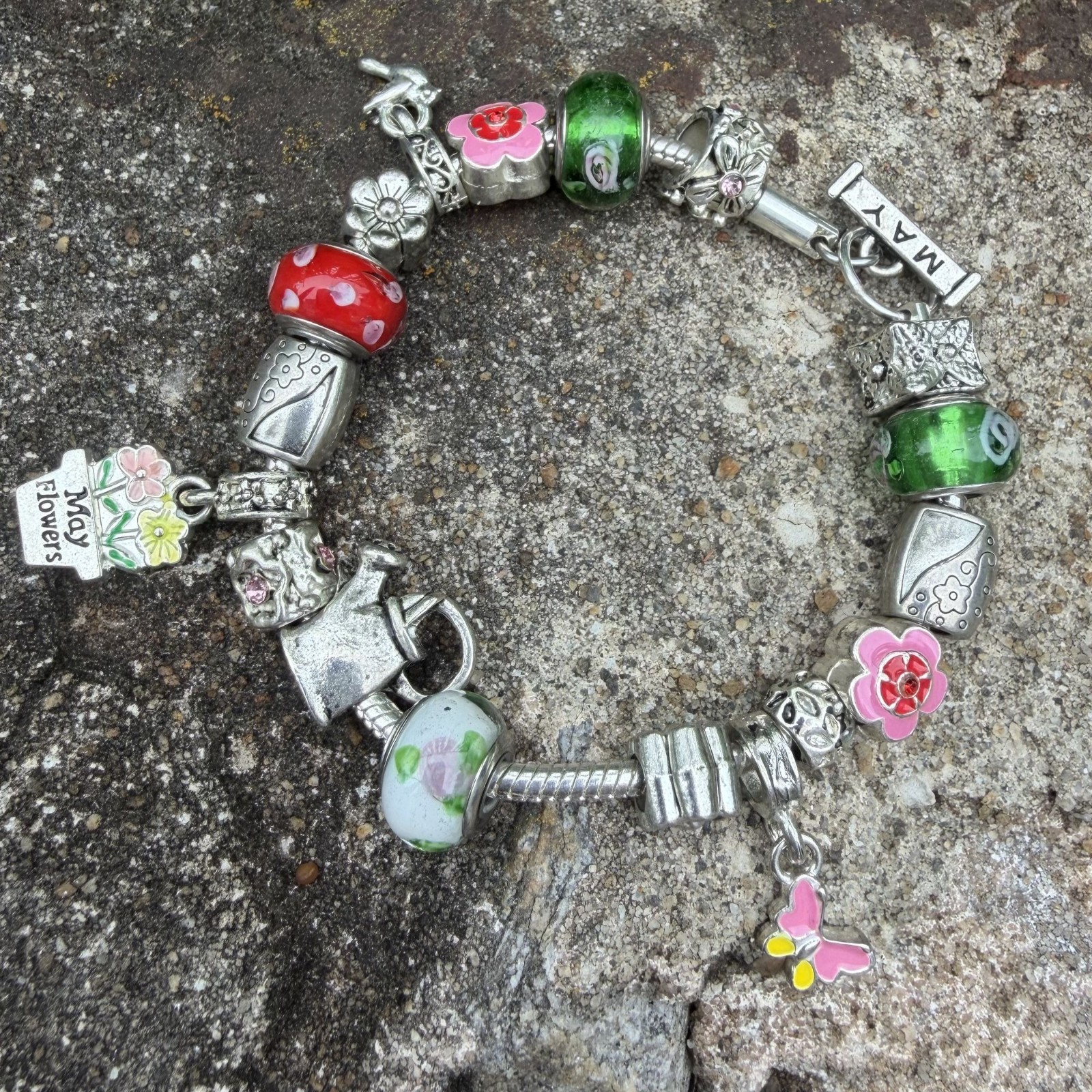 May Birthday Charm Bracelet 8″ Floral Willabee and Ward Danbury Mint Silvertone