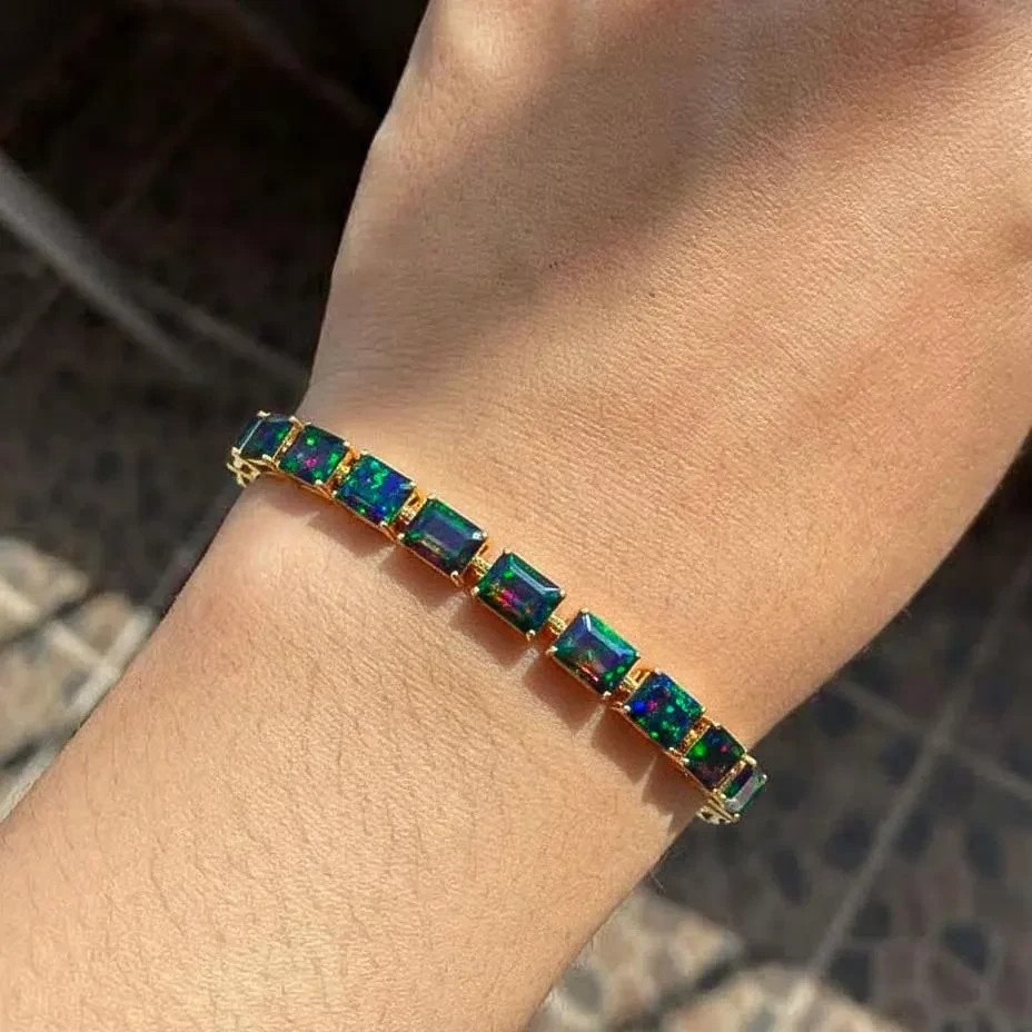 Fire White Opal Gemstone Silver Tennis Bracelet, AAA Ethiopian Opal Gemstone 925