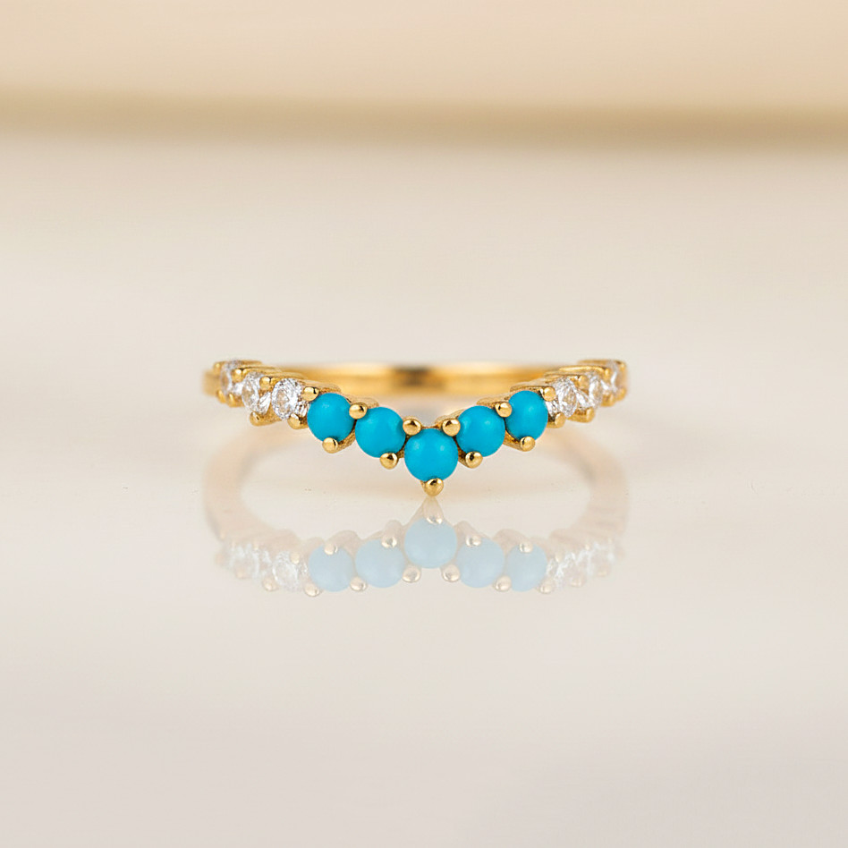 Genuine Turquoise & CZ Stacking Engagement Ring, 925 Silver Yellow Plated Ring