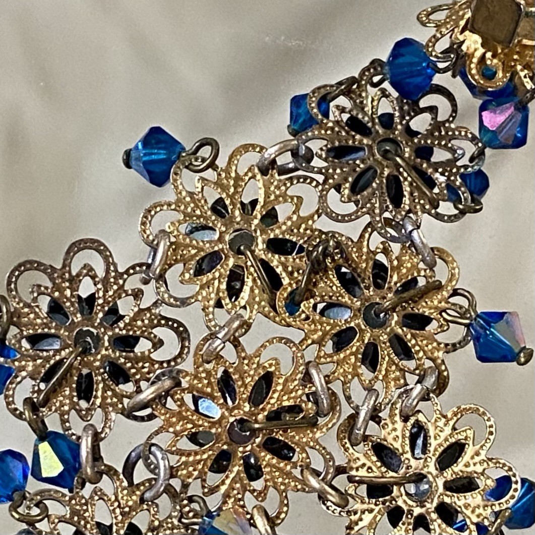 Vintage Signed IND ARG Blue Crystal Clip-On Chandelier Dangle Earrings,