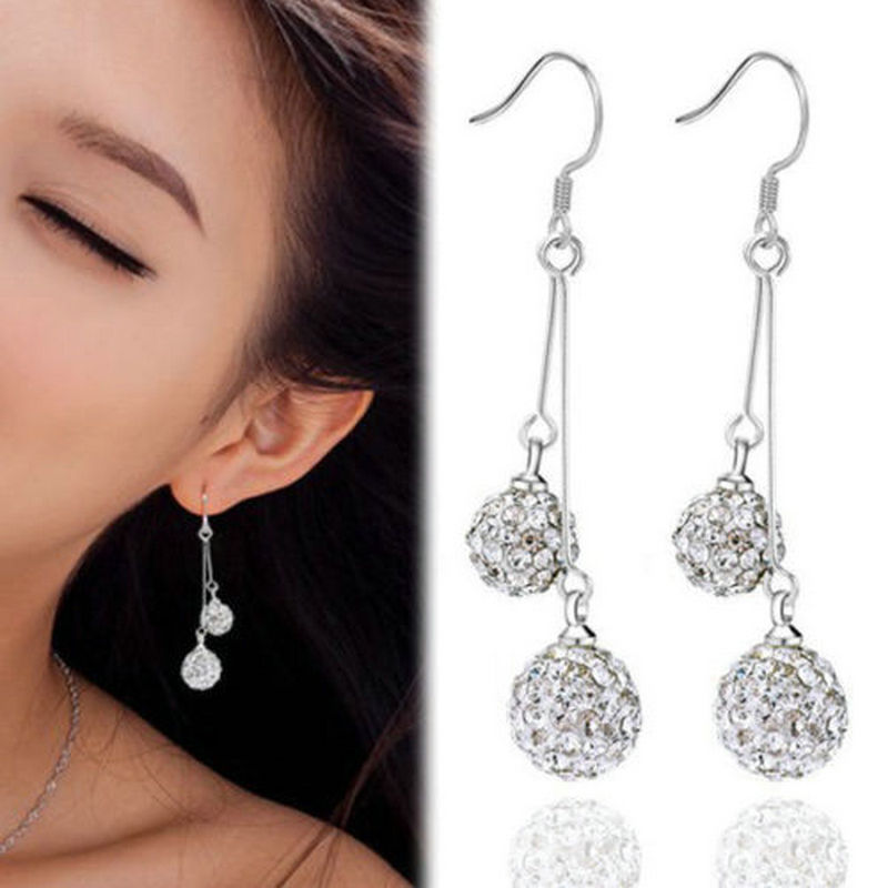 Women Sterling Silver Crystal Disco Ball Hook Dangle Drop Earrings Gift B17
