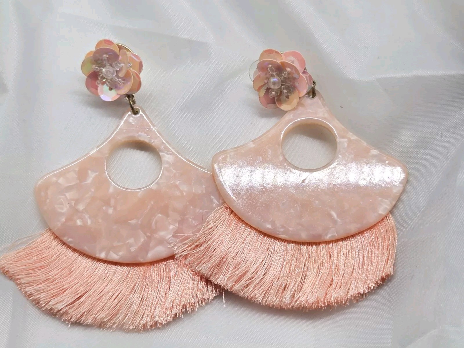 Dangle Floral Theme Tassle Earrings Beautiful Peach Pink Colors For Pierced Ears