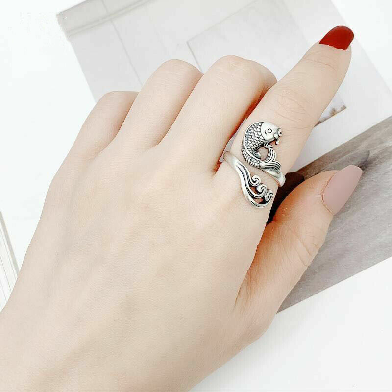Elegant 925 Sterling Silver Charm Fashion Jewelry Koi Fish Ring One Size Fit All