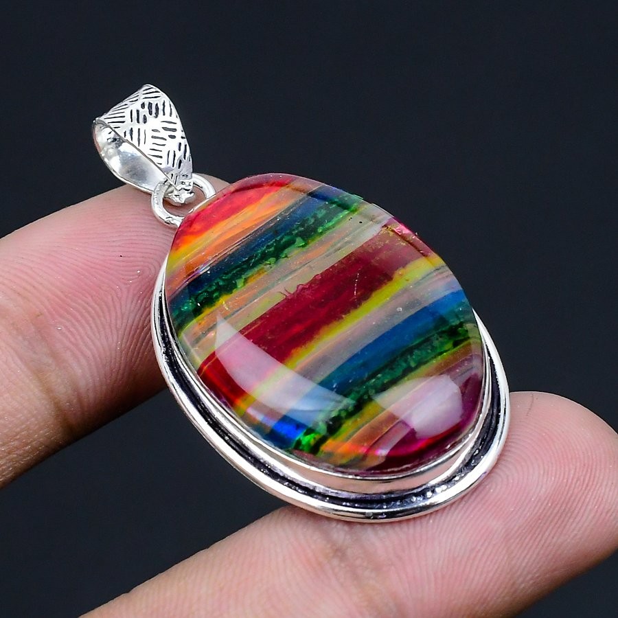 Ammolite 925 Silver Plated Handmade Pendant of 1.82″