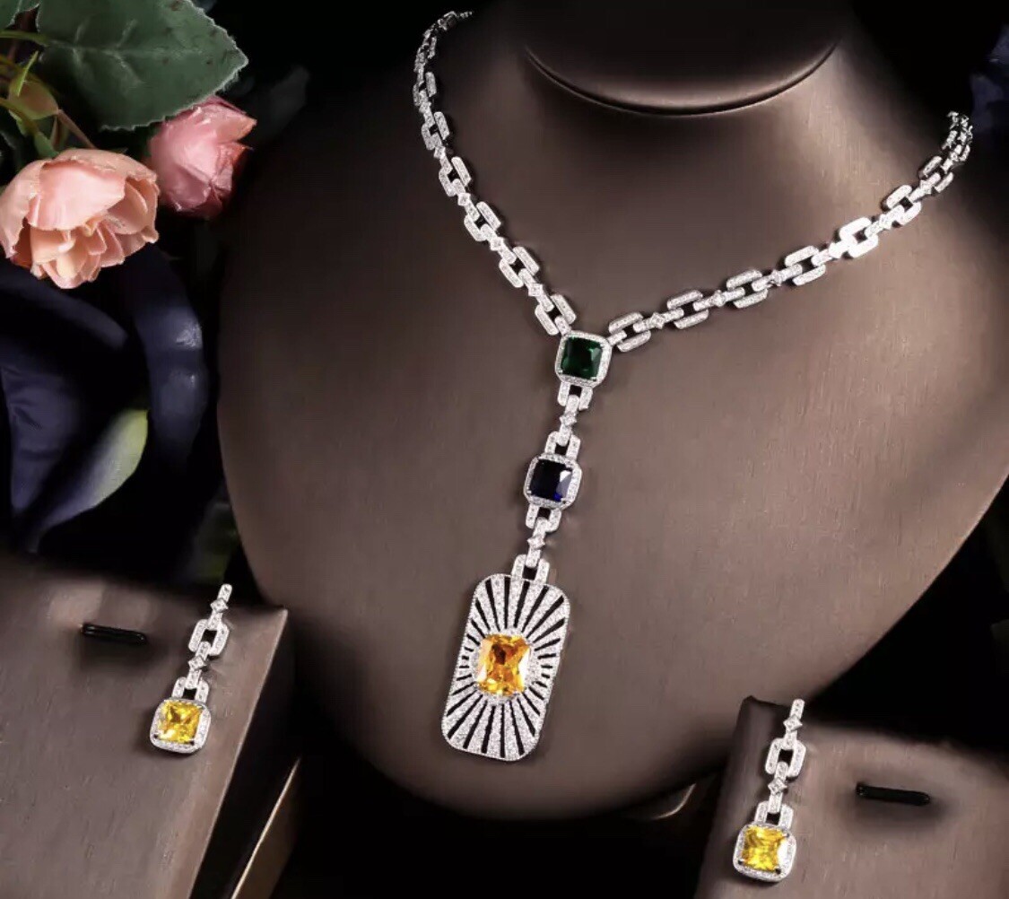 18K Platinum Plated Multicolor Gemstone Necklace Earrings Set Women Jewelry Gift