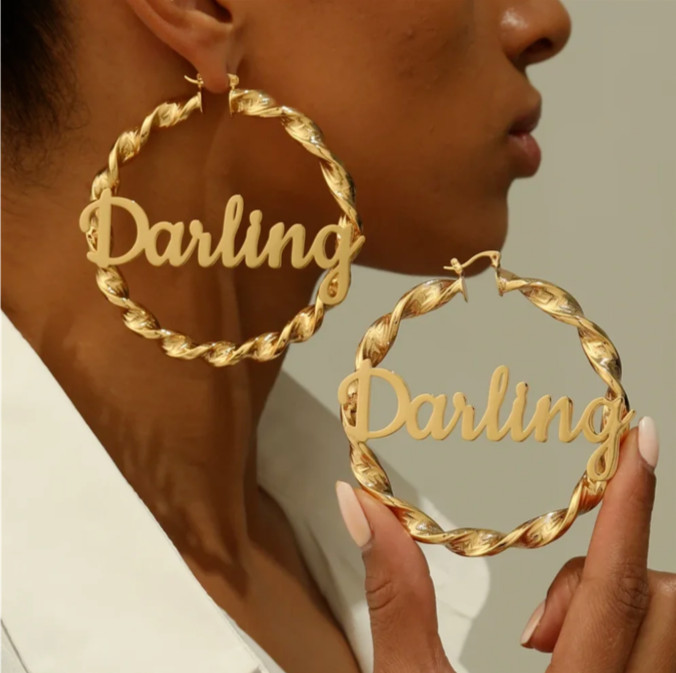 Customized Name Twist Hoop Earrings Women Big Medium Stainless Steel Silver Gold
