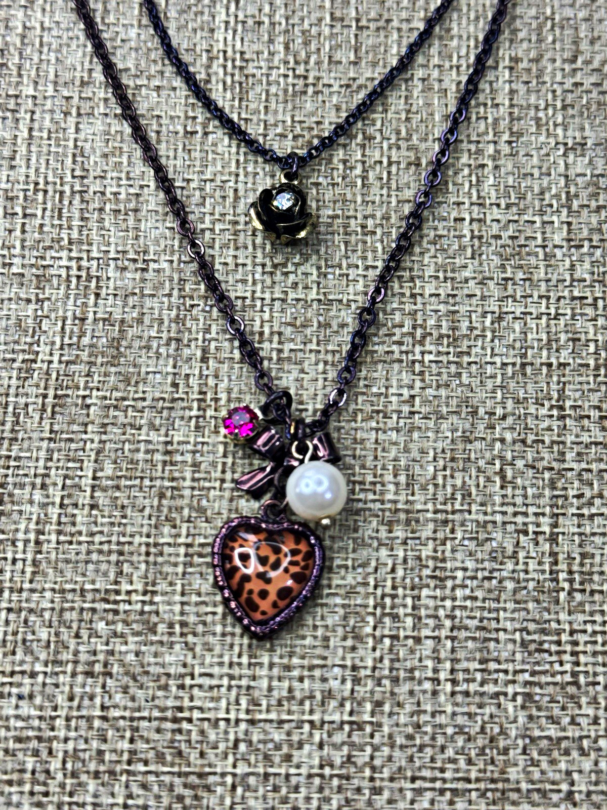 Betsey Johnson Layered Charm,purple/iridescent necklace 16”-19”