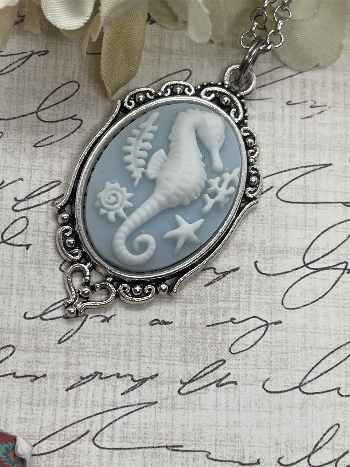Cameo Necklace Seahorse Sea Horse Fish Prom Nautical Wedding Silver Heart Star