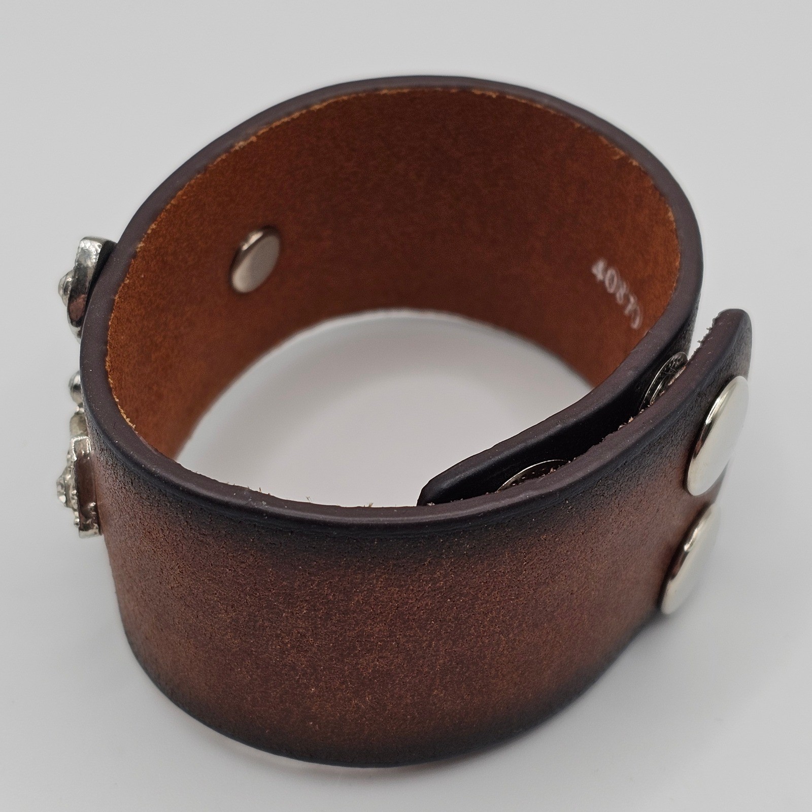 Brown Genuine Leather Cross Cuff Bracelet Rhinestone Western Y2K Statement Faith