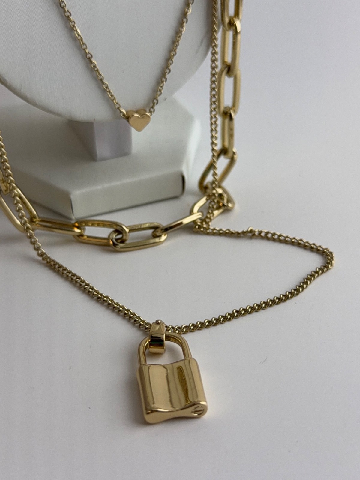 Park Lane ELEXA 3-in-1 Necklace Gold Tone Chain Link Lock & Heart Charms NWT