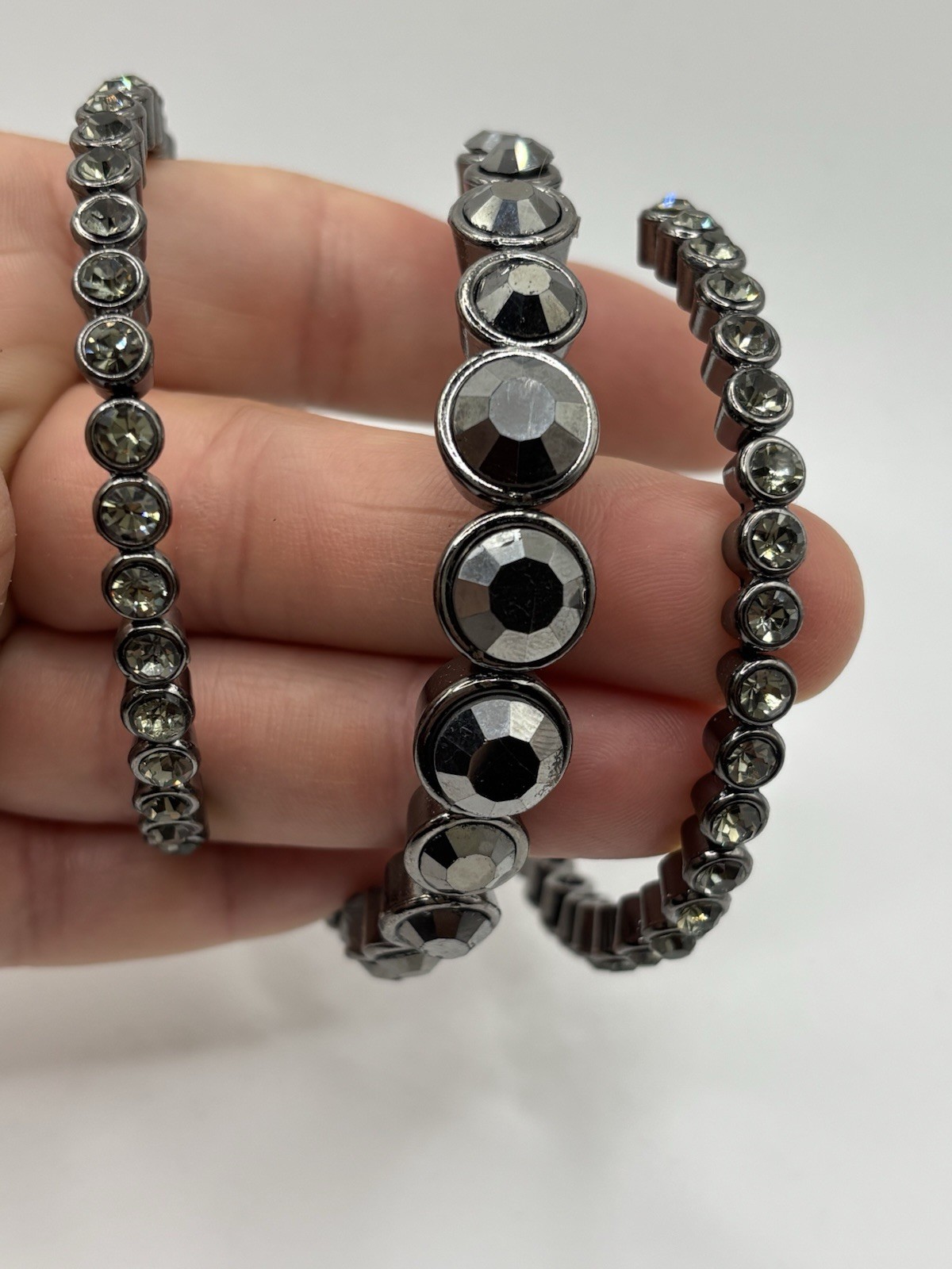 Silver Tone Wrap Coil Bangle Bracelet Gray Round Crystal Bezel Set 7.5in