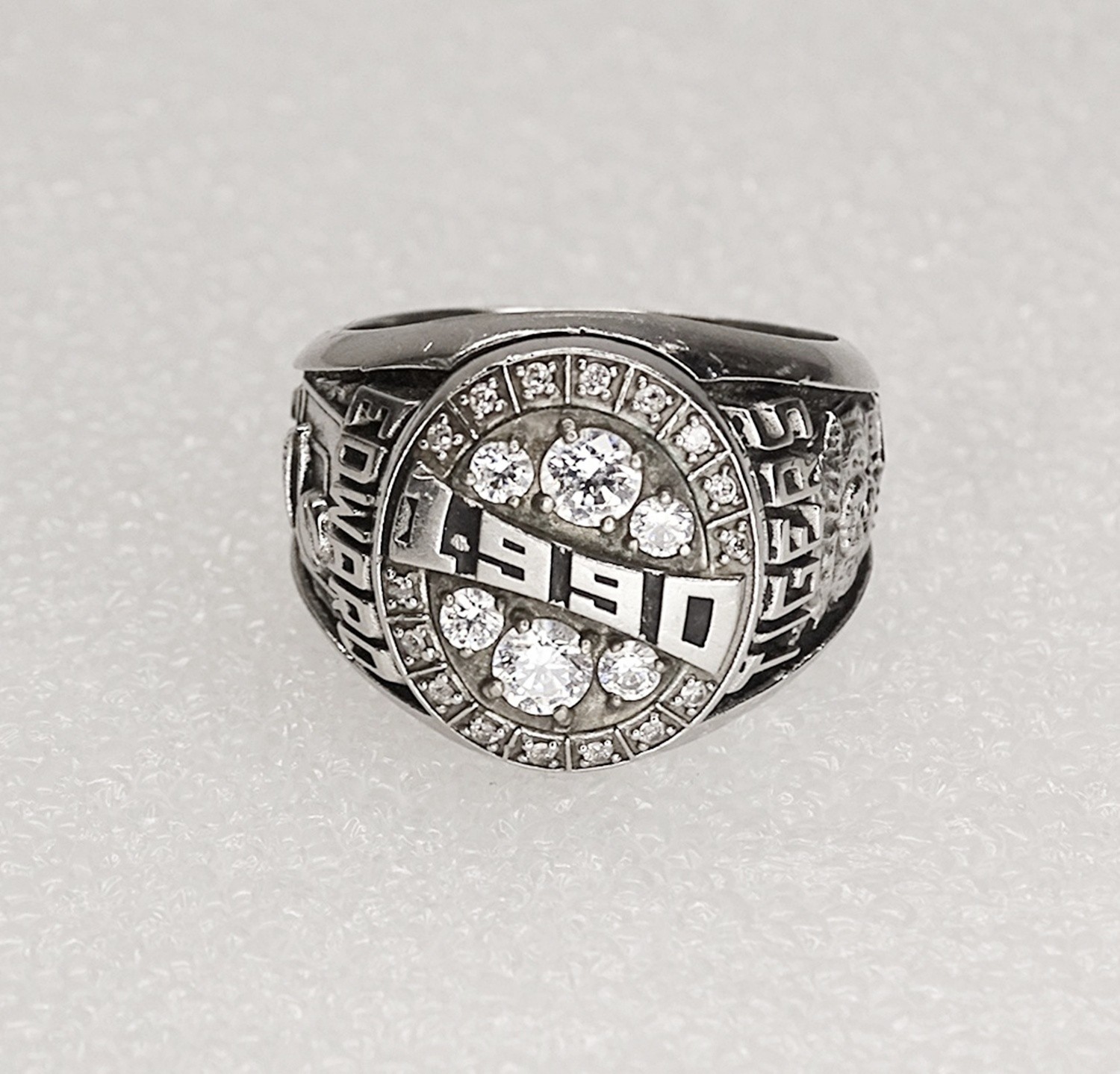 1990 High School Class Ring Silver Tone Siladium Steel Art Carved Size 10.5