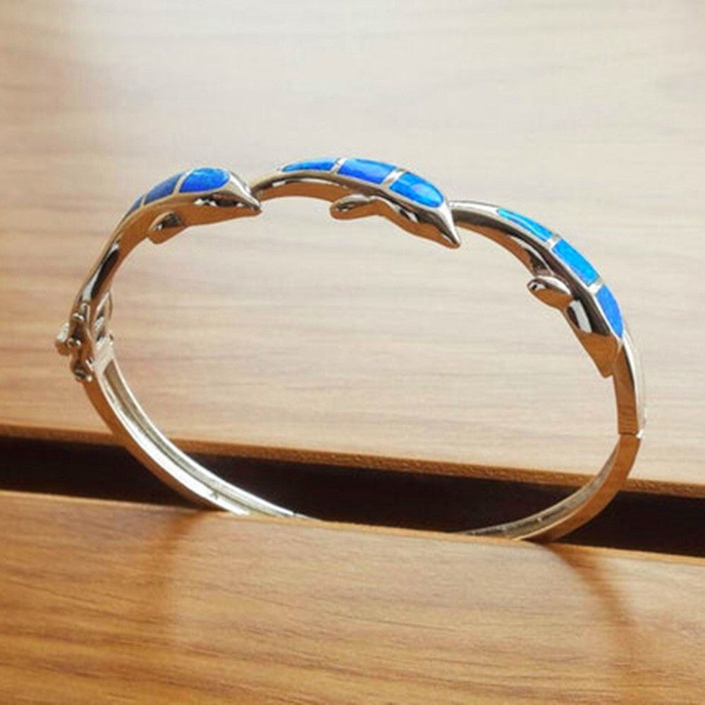 Blue Opal Cute Dolphin Cuff Bangles 925 Sterling Sliver Jewelry For Women Girl