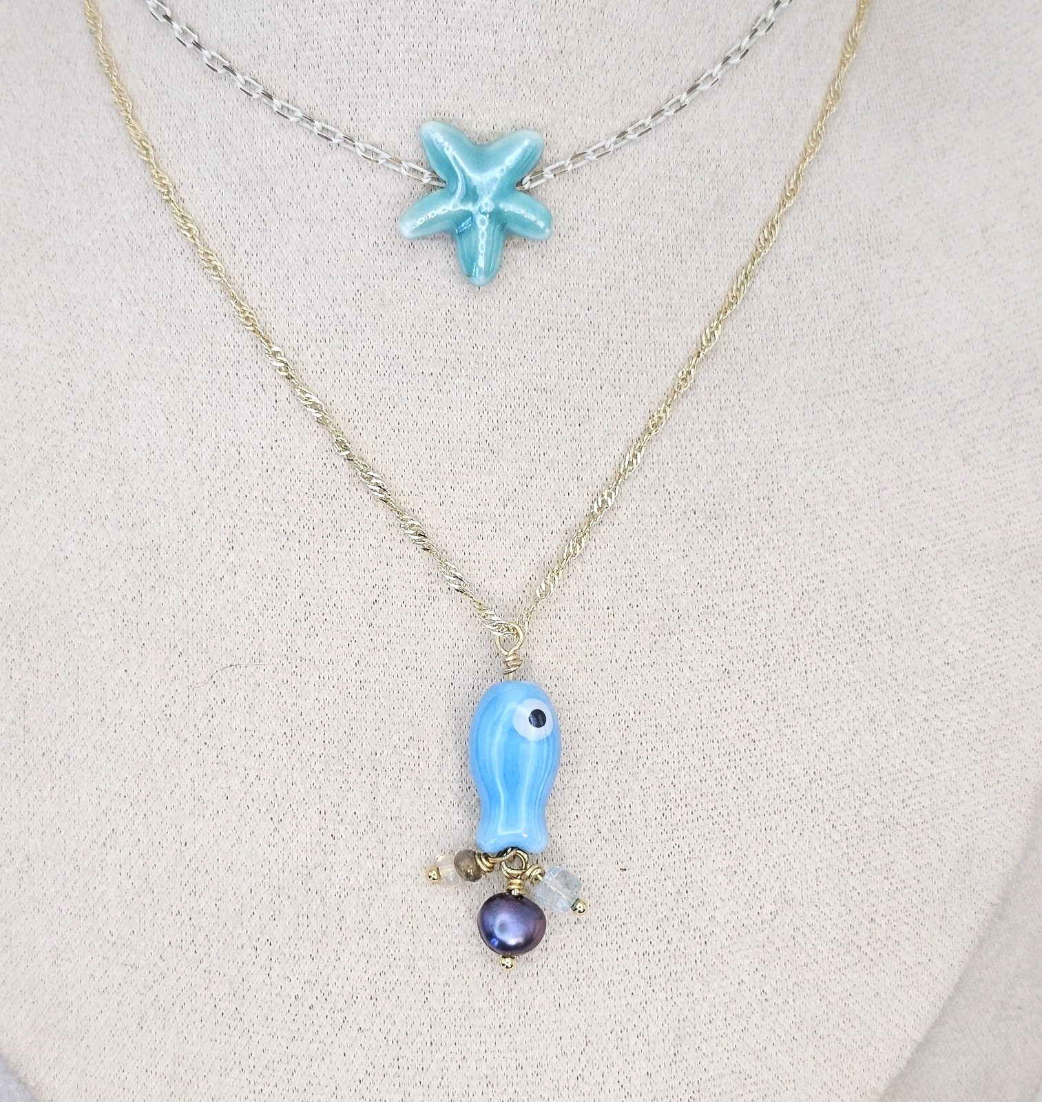 Beachy Fish Starfish Necklaces Handmade Genuine Gemstones Ceramic Jewelry Set