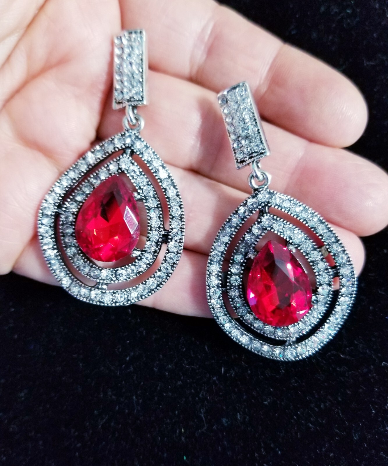 Bridesmaid Drop Dangle Chandelier Earrings 2.4 in Red Rhinestone Pageant Prom