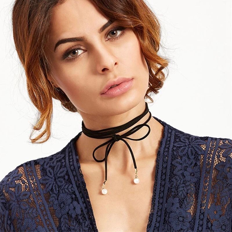 New Long Black Faux Suede & Pearl Choker Necklace #N2043
