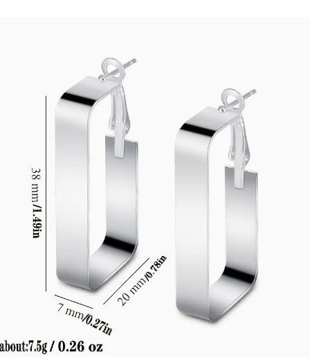 NEW MEDIUM LARGE RECTANGLE HOOP EARRINGS SILVER LEVER BACK LIGHTWEIGHT 1.5″