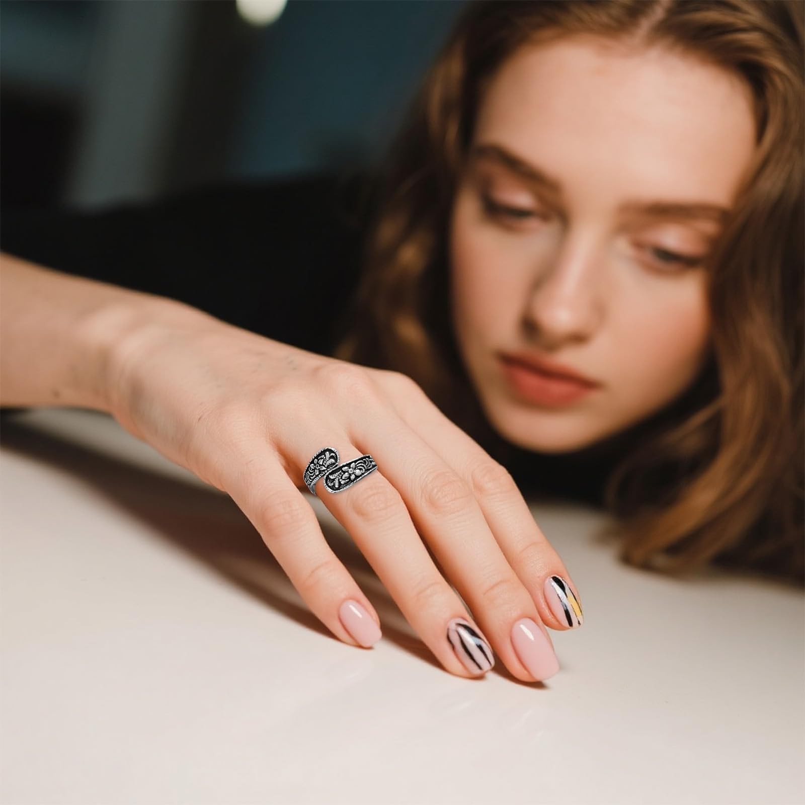 Vintage Gold Ring, Adjustable with Intricate Carving Design, Unique Boho Open…