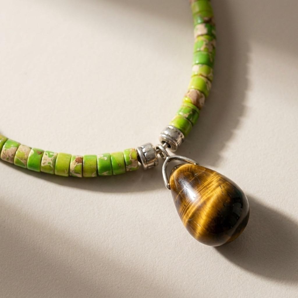 Tiger Eye Pendant Necklace, Green Imperial Jasper Necklace, Heishi Bead Choker,