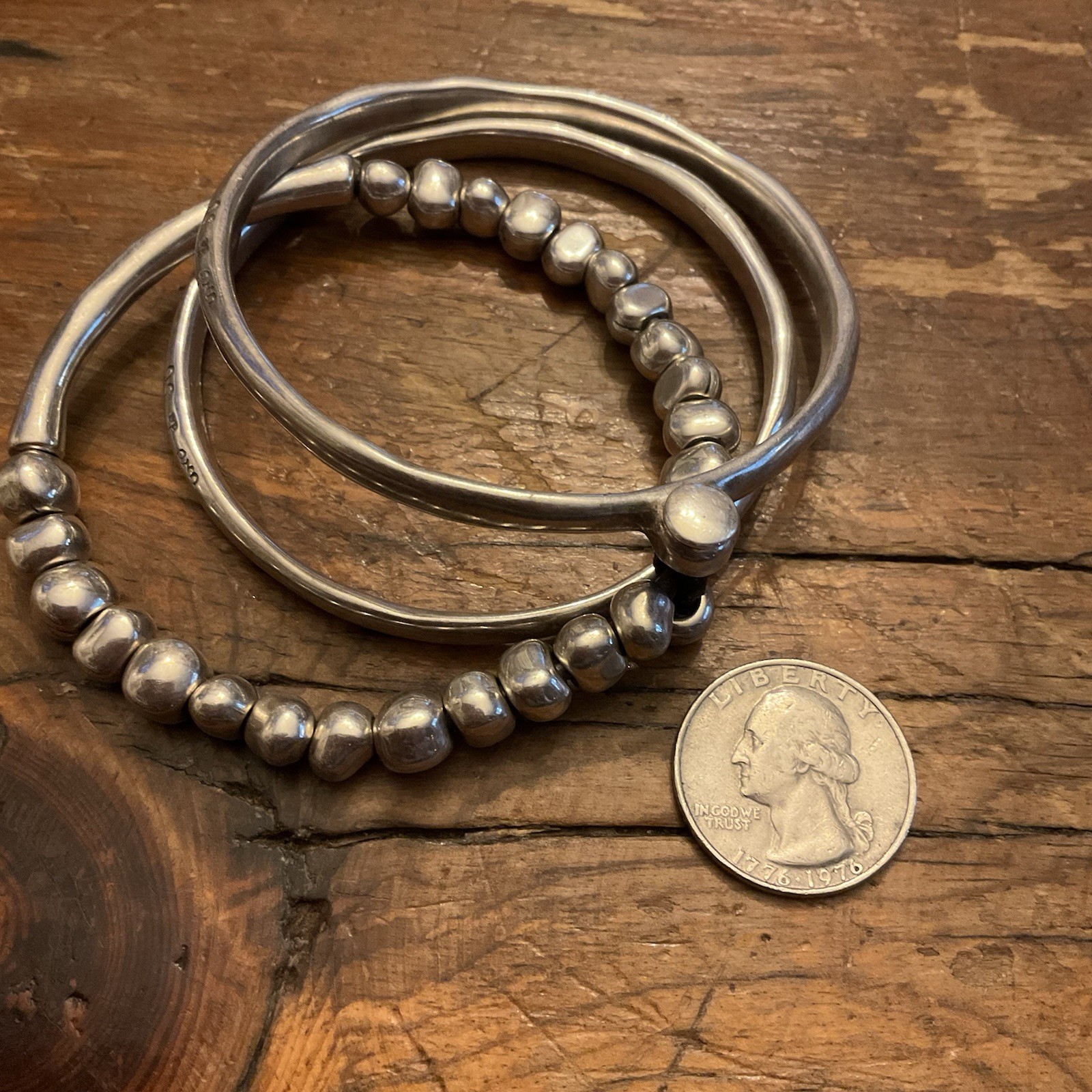 Awesome Vintage Signed Uno de 50 Triple Bangle Silver Tone Bracelet
