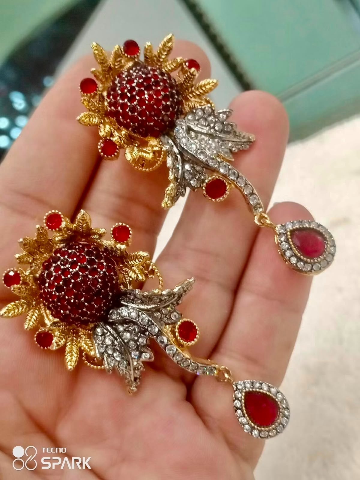 Pakistani Gold Plated Red Crystal Bridal Earrings Flower Dangle Wedding Jewelry