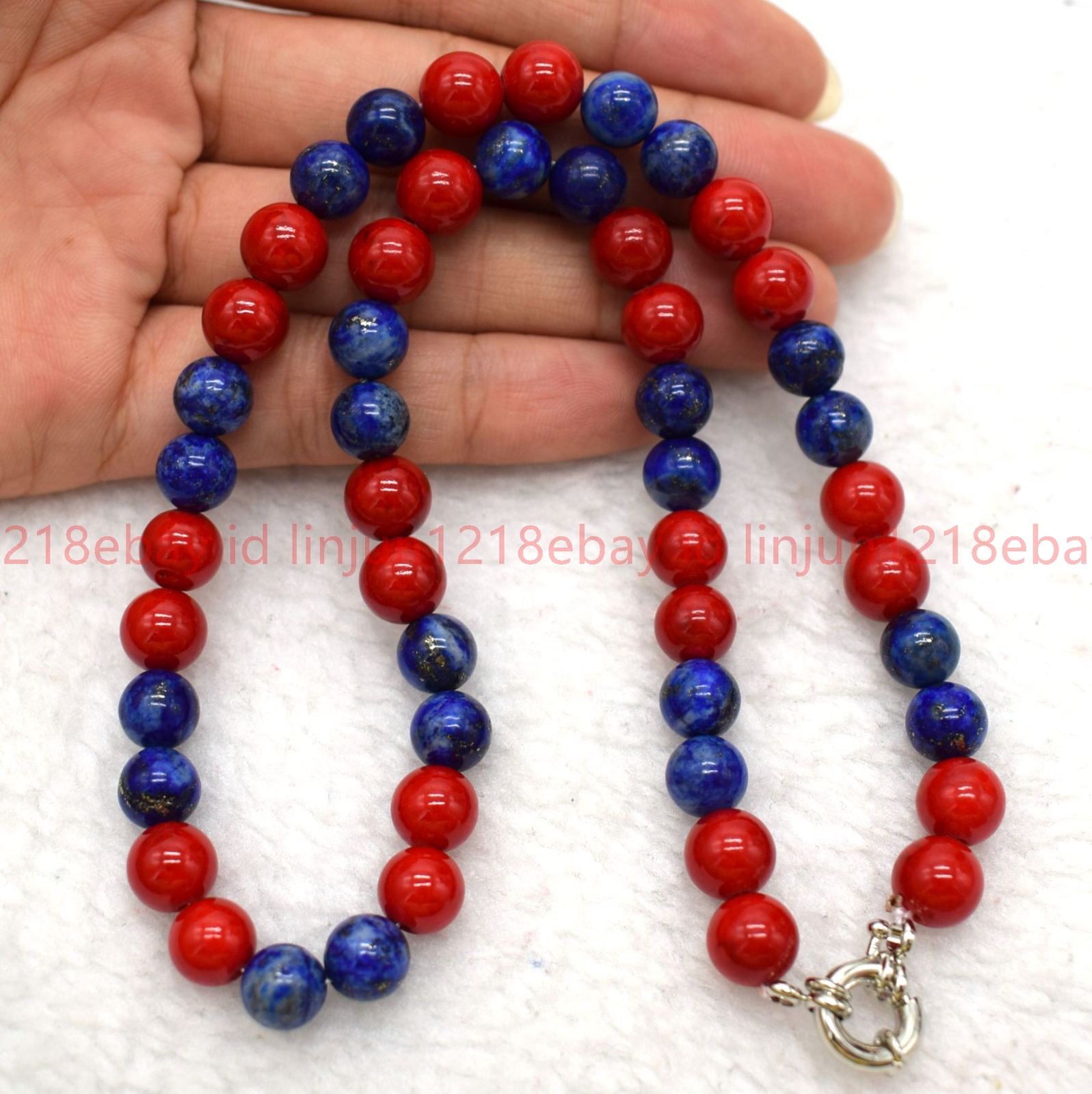 Pretty Handmade 8mm Red Coral Blue Lapis Lazuli Gems Round Bead Necklace 16-36in