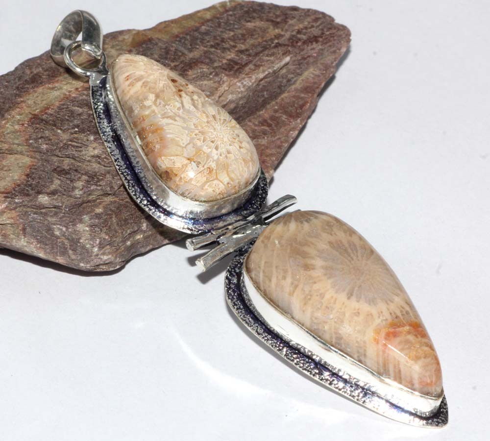 925 Silver Plated Awesome Fossil Coral Pendant Jewelry Size 3.3″ JW