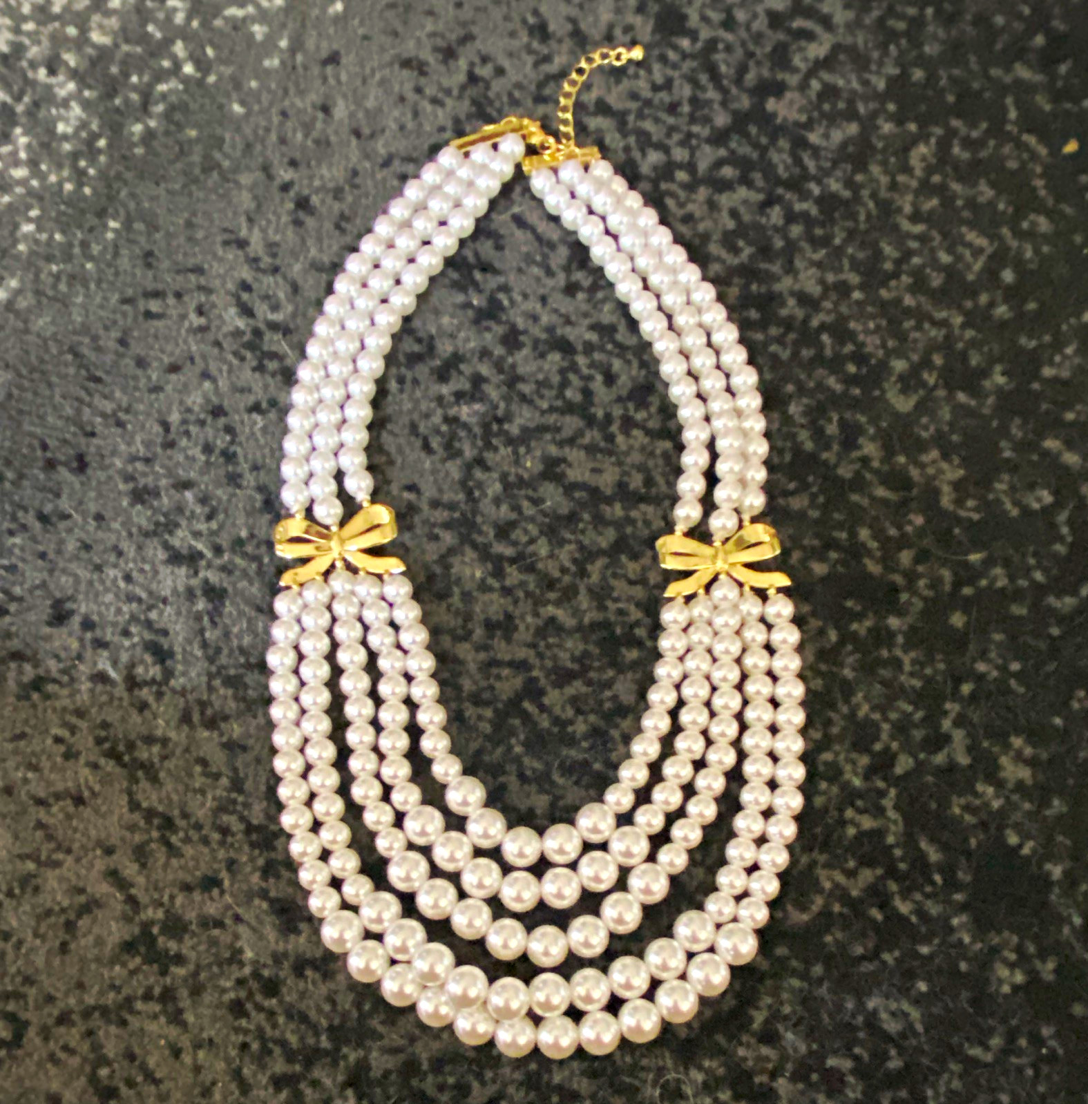 Multi-Strand White Faux Pearl Beaded Necklace Gold Tone Bow Cable Chain Lobster